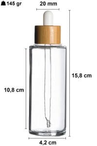 100 cc Şeffaf Omuzlu Yuvarlak Damlalık Şişe Bambu Kapaklı (20mm)